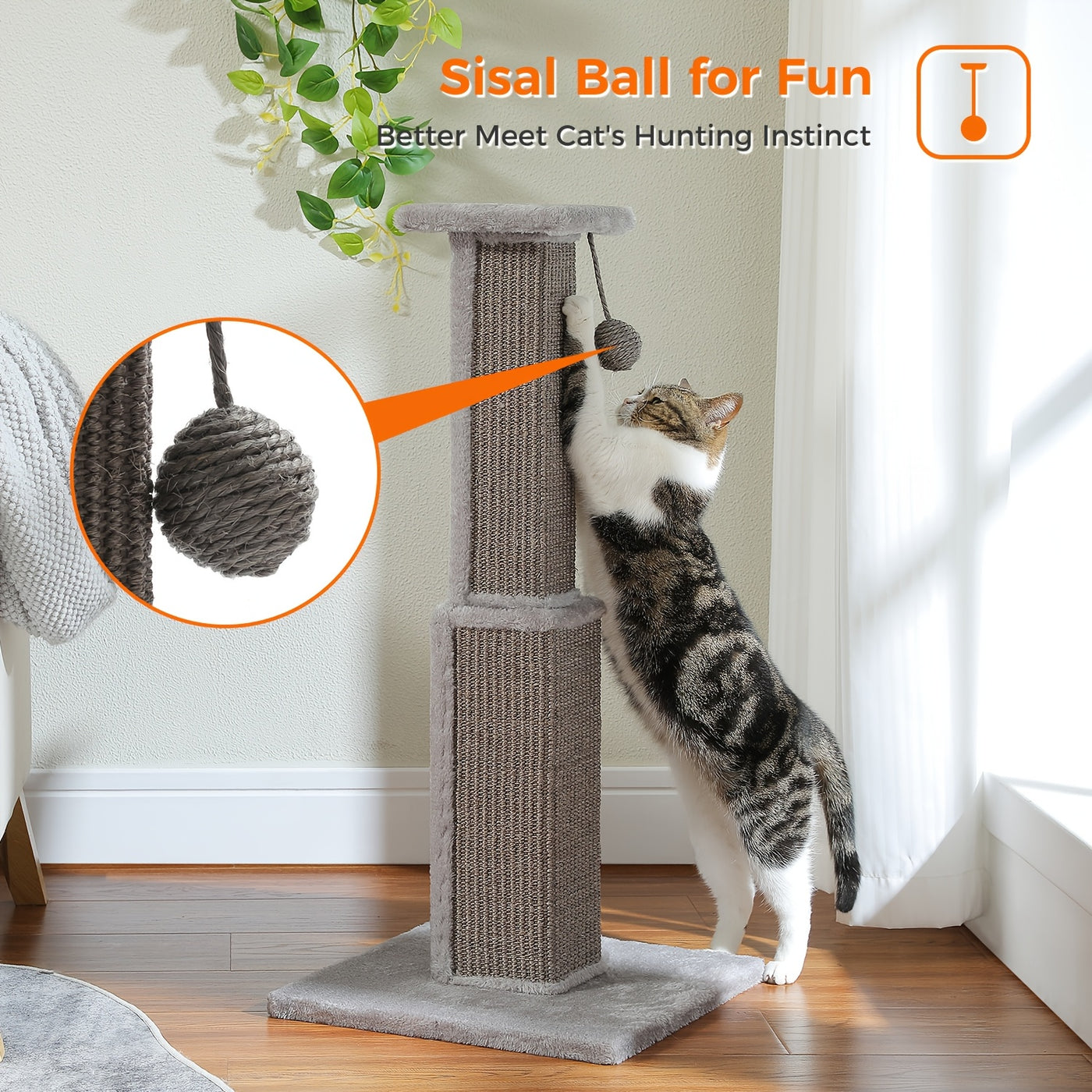 Multi-Tier Sisal Cat Scratching Post Tower with Dangling Ball - 18.9" & 32" Indoor Cat Tree for Energetic Cats, Sturdy Tiered Design, 6 Colors