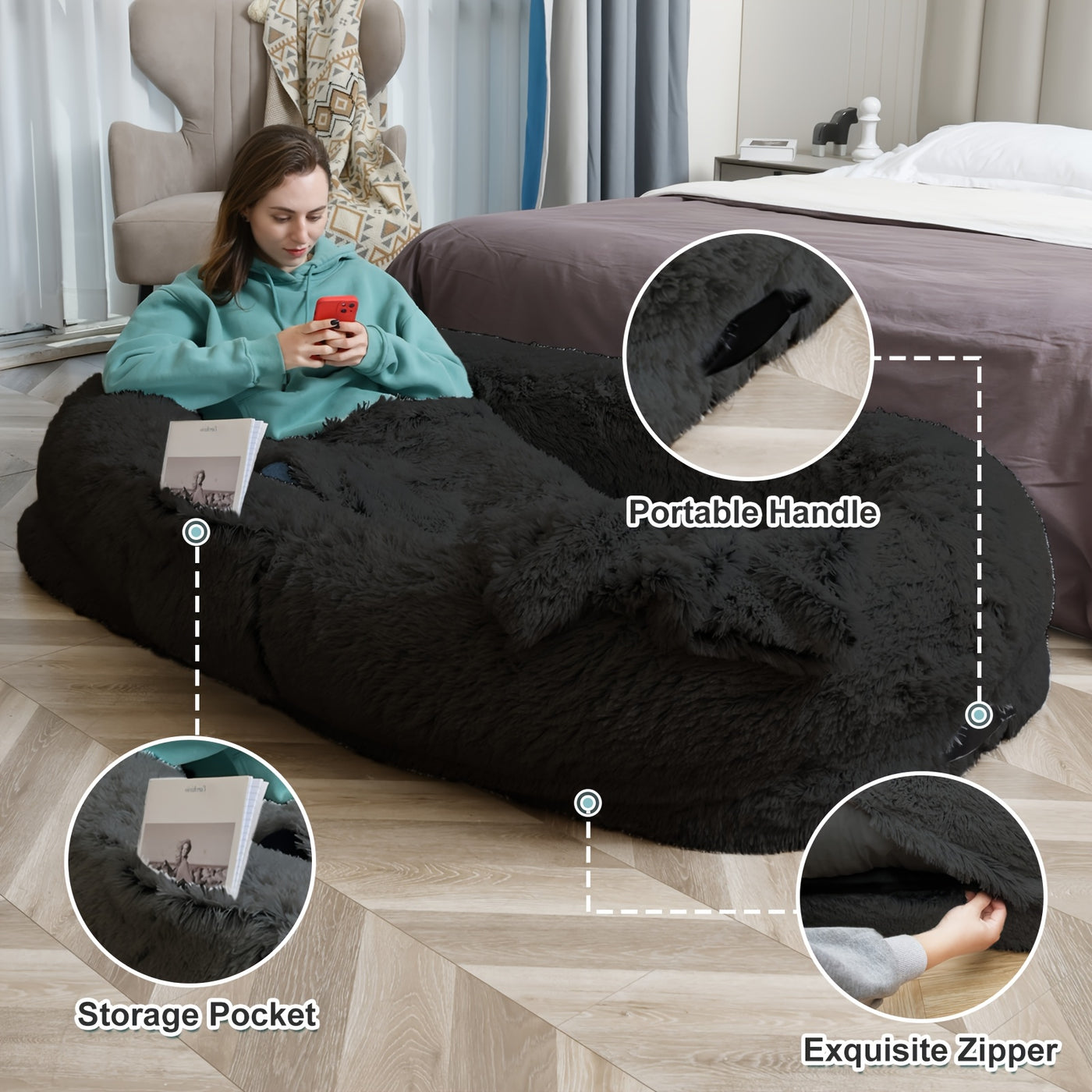 Human Dog Bed 70x44x11 Inch Giant Faux Fur Orthopedic Bed for People & Pets - Washable Non-Slip Extra Large Dog Bed for Adults, Napping, Lounging, All Breeds