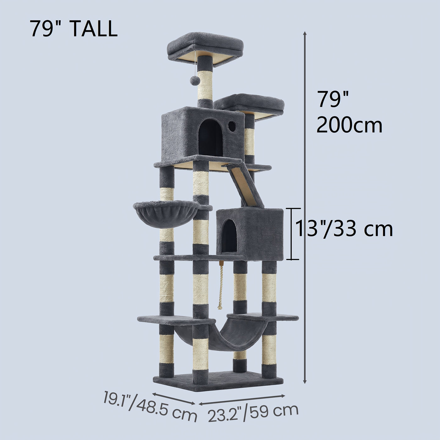 Multi-Level Cat Tree Tower with Cave & Plush Hammock - 44/66/79in Tall Cat Condo, 4 Sisal Scratching Posts, 2 Perches, Anti-Tilt, Pompom Toys for Multi-Cat Families, 5 Colors