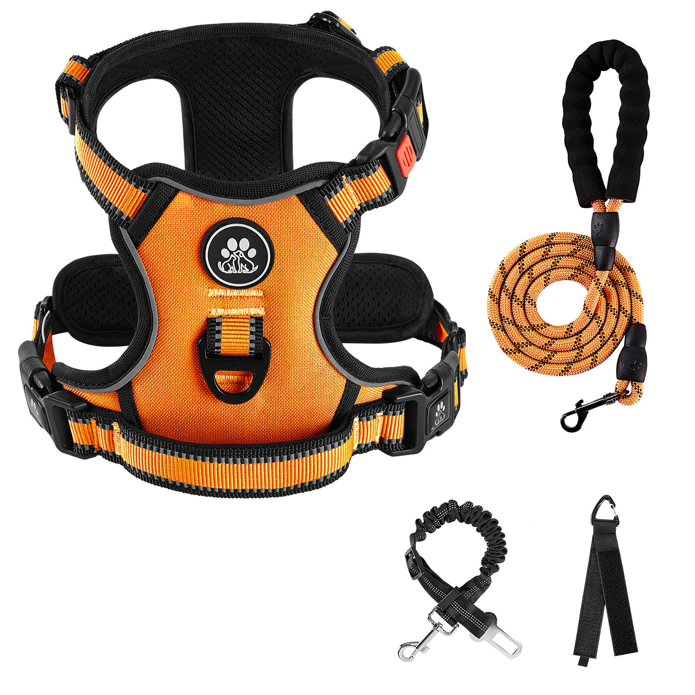 Complete Dog Walking Set – No-Pull Harness + Collar + Leash + Retractable Seatbelt + Storage Strap, Fully Reflective Breathable Vest with Handle for Small & Large Dogs, Sizes XS-XL