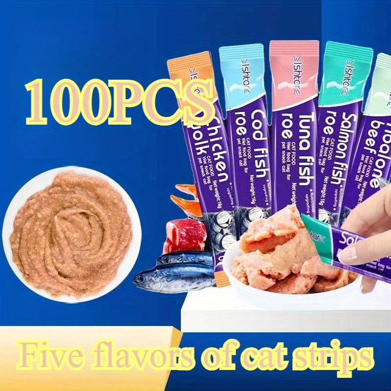 Cat Nutritional Wet Food Strips 100pcs – 5 Mixed Flavors Soft Moist Snacks for Adult Cats, Supports Weight Gain & Healthy Coat