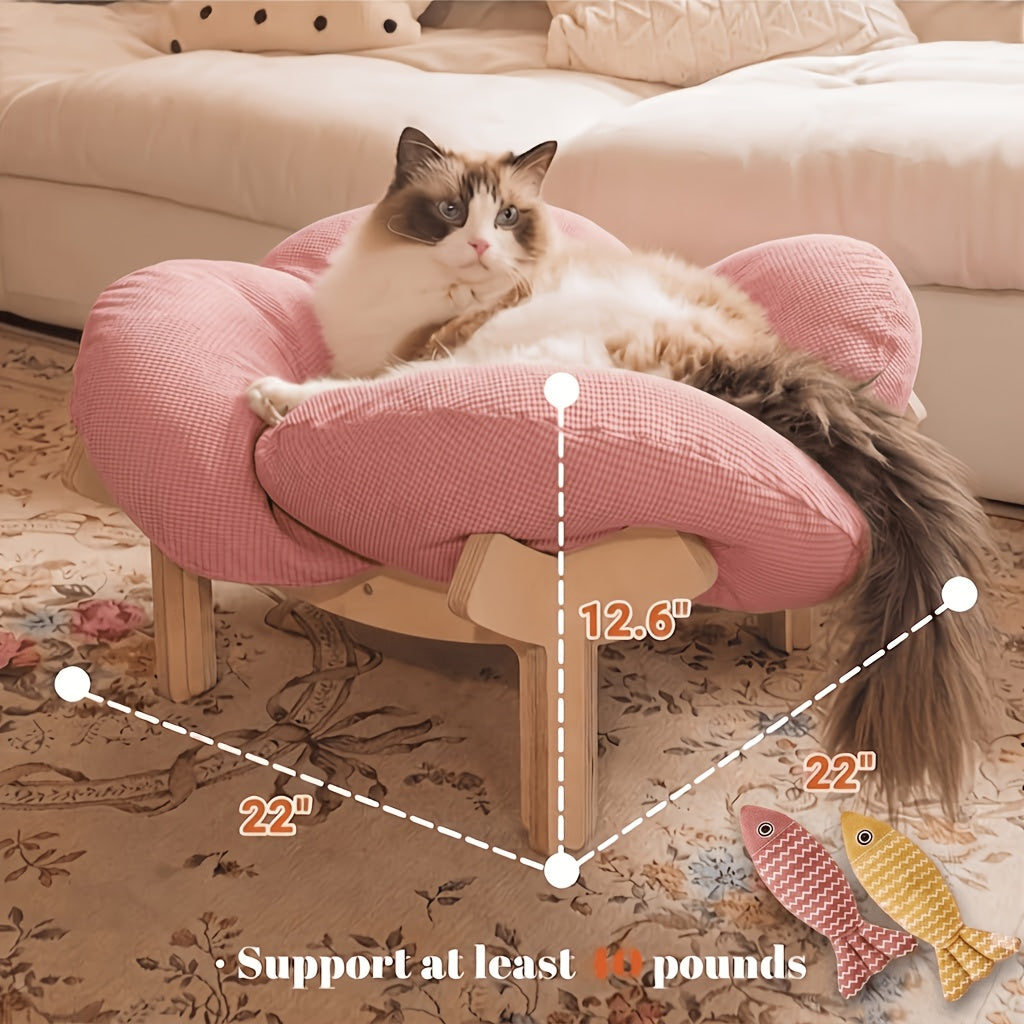 Elevated Wooden Cat Bed with Soft Cushion Raised Pet Lounge Chair Sofa – Modern Solid Wood Cat Hammock for Indoor Cats and Small Dogs with Linen Fish Toy