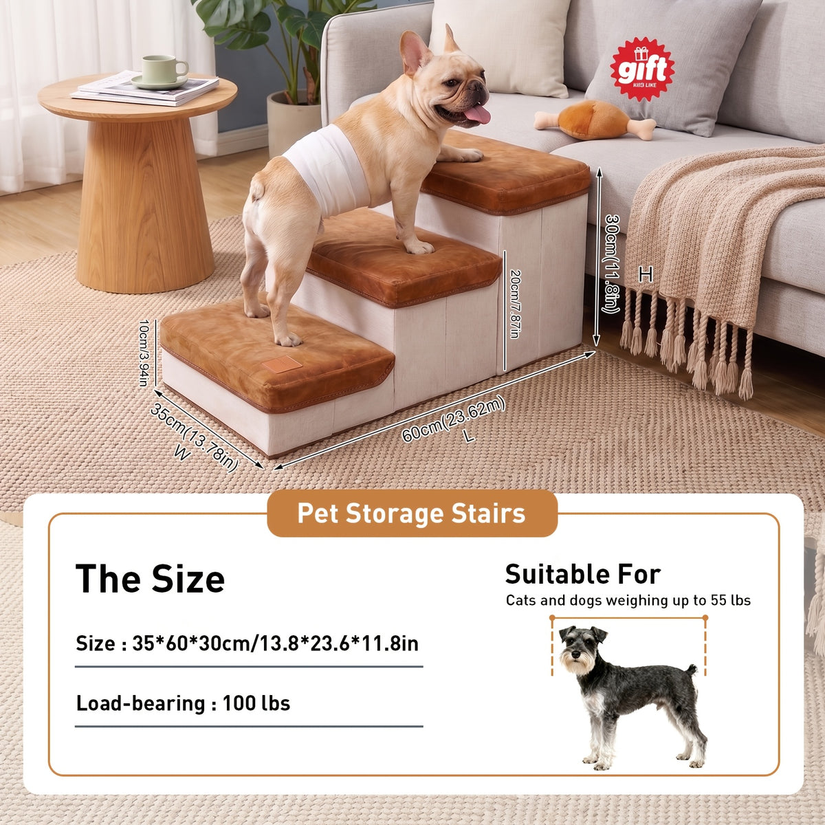3-Tier Foldable Dog Stairs with Non-Slip Surface – Pet Steps for High Beds & Sofas, Small & Extra-Small Dogs, Nylon Ramp with Plush Chicken Toy, Coffee & Gray