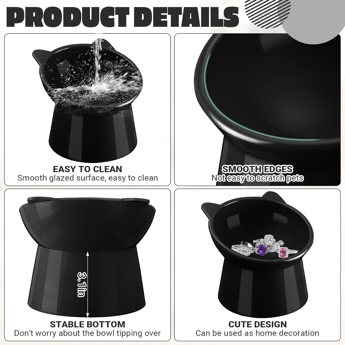 Cat Ear Shaped Raised Cat Bowls Set of 2 – Elevated Anti-Slip Anti-Vomiting Feeding Dish for Cats & Small Dogs, Neck Comfort Design