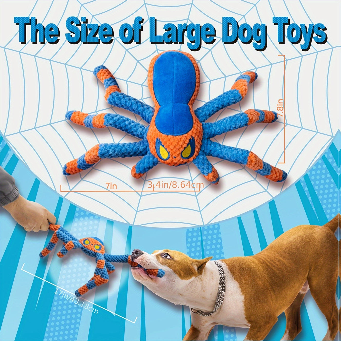 Squeaky Spider Dog Toy – Large Interactive Crinkle Tug of War Toy to Keep Dogs Busy, No Battery Needed, Funny Plush Dog Toy for Puppies & Large Breeds, Red & Blue