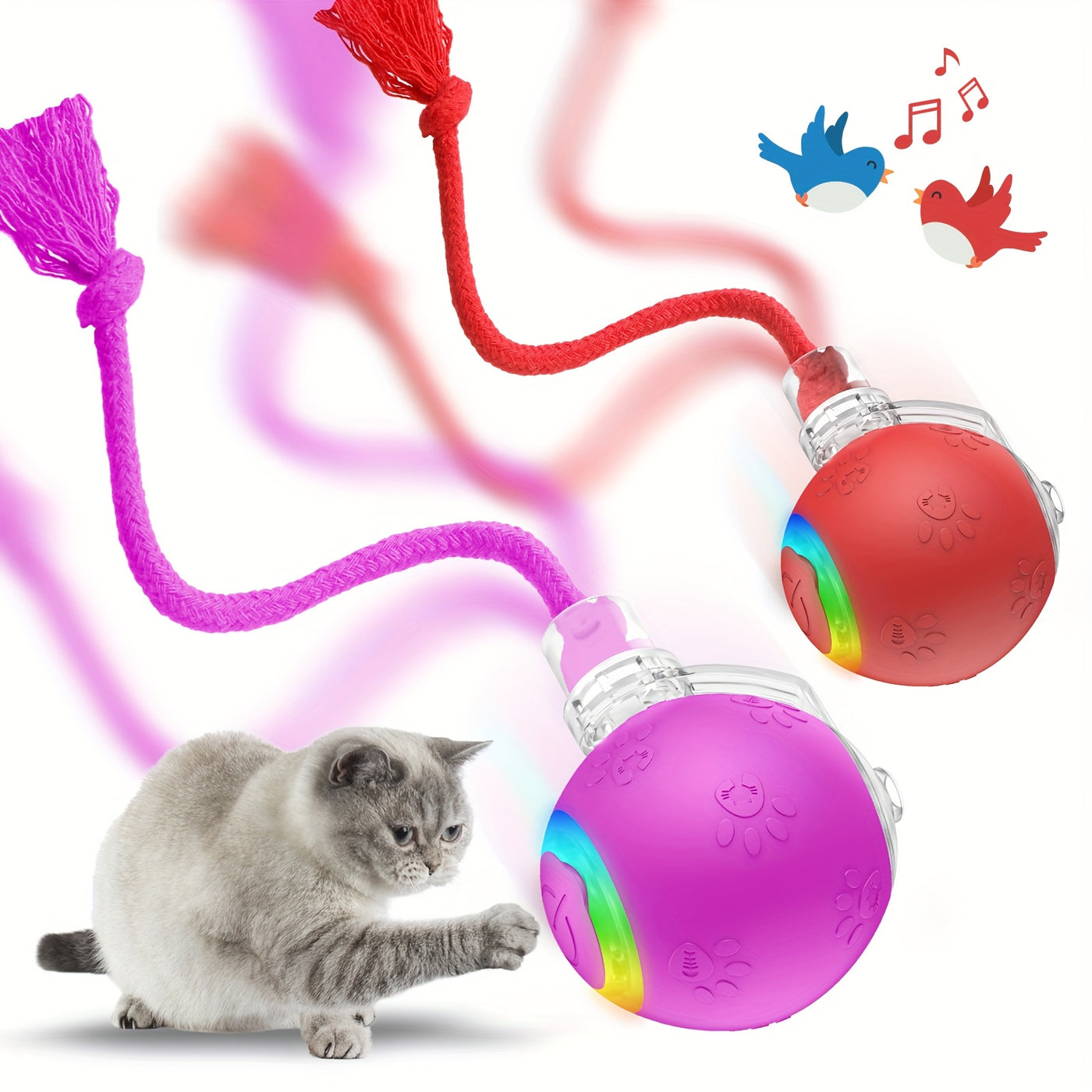 Motion-Activated Smart Cat Toy 2-Pack USB Rechargeable with Bird Sounds Colorful Lights - Interactive Self-Play for Indoor Cats & Kittens