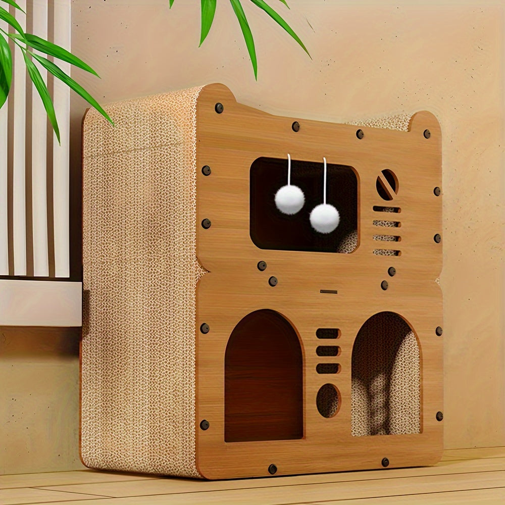 Cat Tree House Condo with Scratching Board & Plush Balls - Multi-Level 21" Indoor Outdoor Cat Condo, Dual Scratch Posts, Ventilation Doors, Cozy Perch for Cats Kittens