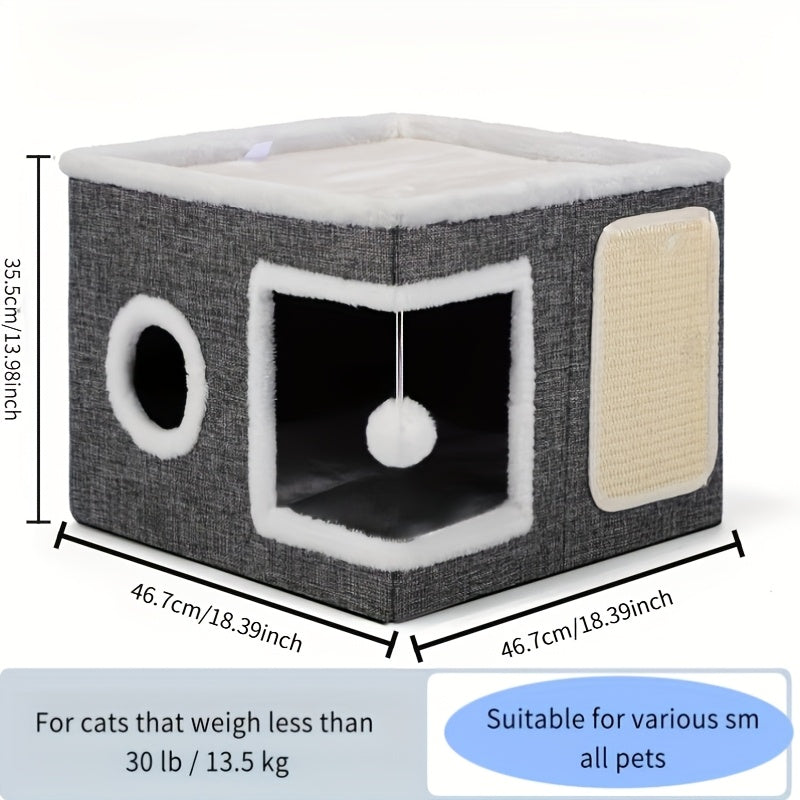 Multi-Layer Foldable Cat House with 2-Tier Bed Tunnel & Scratching Post - Cozy Indoor Cat Cube Enclosure with Plush Mat Hanging Ball Nylon Frame, All-Season Cat Hideaway