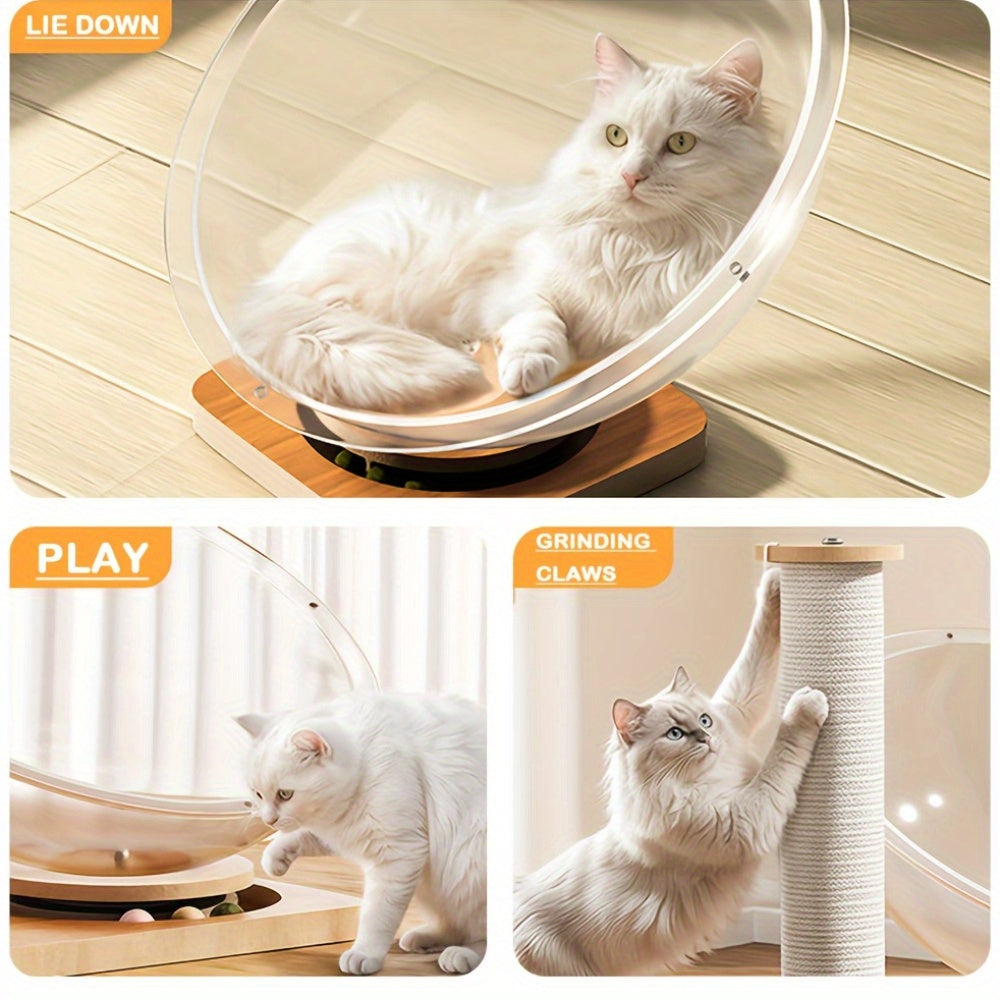 Space Capsule Cat Scratcher House 2-in-1 with Rail Ball Toy - Transparent Rotating Cat Play House Scratching Post Furniture Protector for Kittens & Cats, Interactive Cat Toy