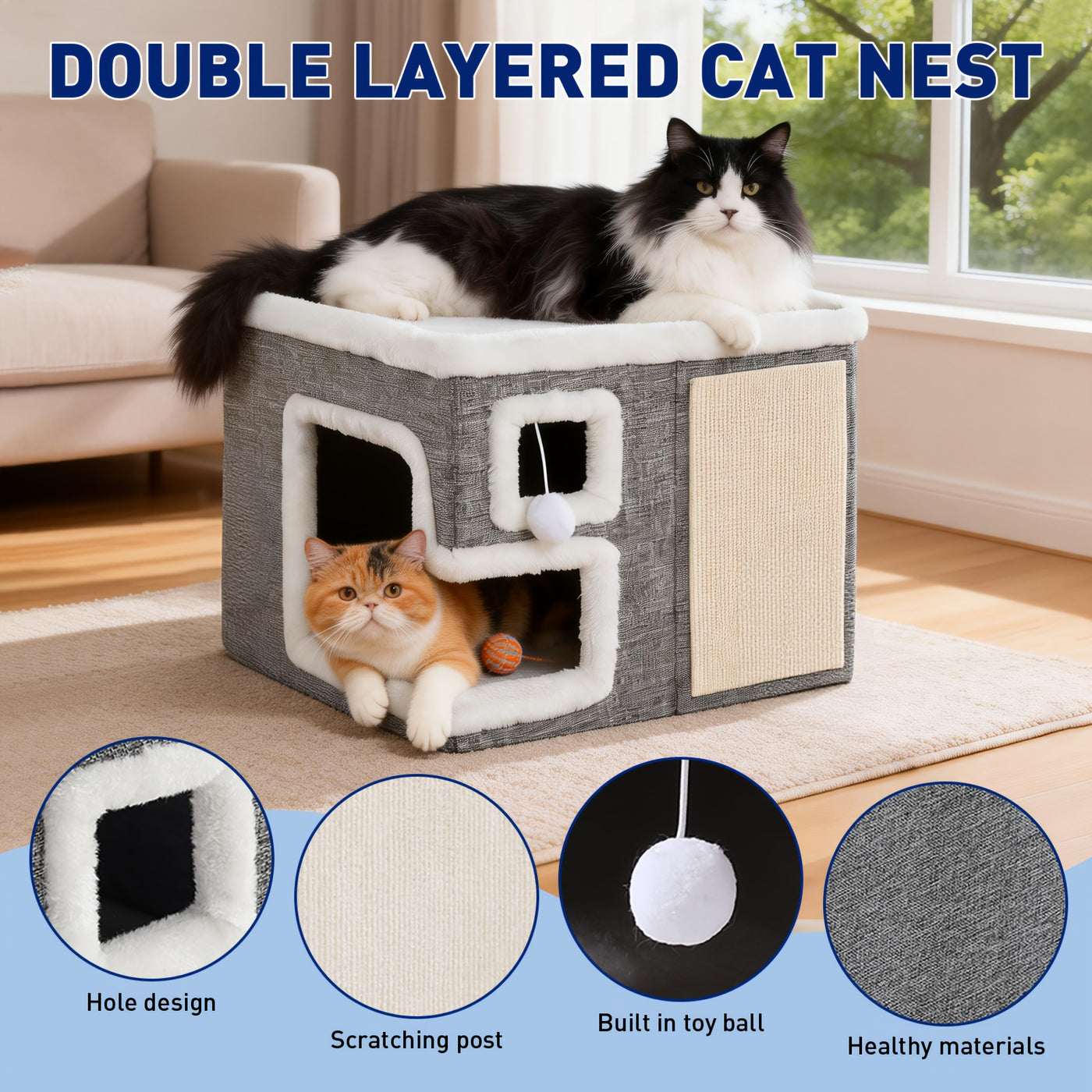 Indoor Cat House Condo 3-in-1 – Cat Bed Sleep Play & Scratch Box, Luxury Wooden Cube Ottoman Cat Cave Hideaway for Large Cats, Multi-Cat Friendly, Light Gray (Regular & Large)