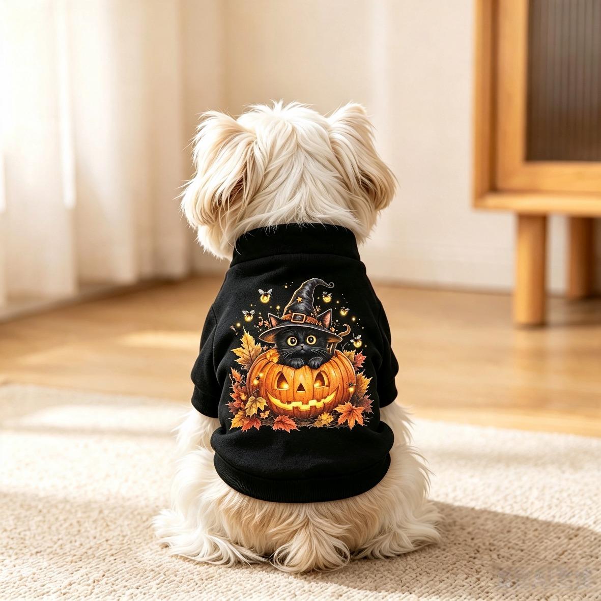 Halloween Dog Sweatshirt – Witch Black Cat Jack-o-Lantern Maple Leaf Graphic Soft Warm Fall Pullover for Small Dogs, Yorkie, Teddy, Pomeranian | White, Grey & Black