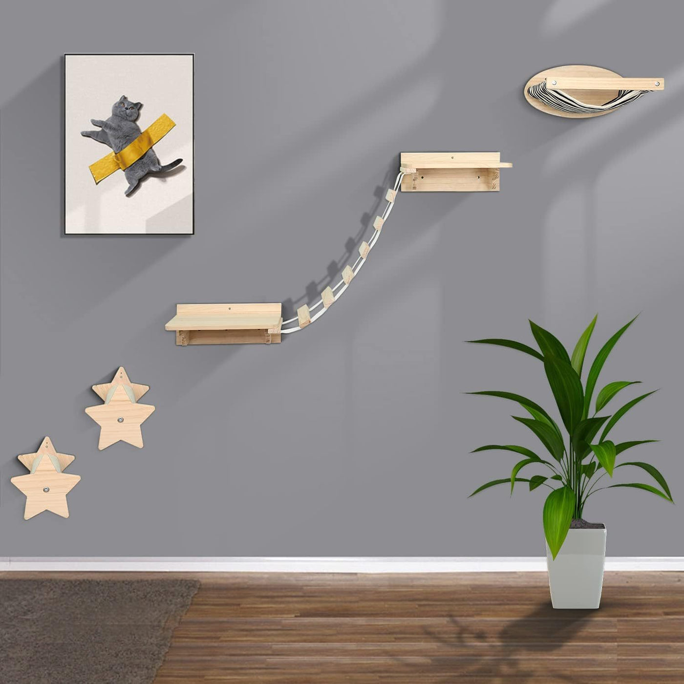 Cat Wall Hammock Climbing Shelves with 2 Steps Wall Mounted Cat Perch Bed for Indoor Large Cats – Wood Color Cat Furniture for Climbing Sleeping and Playing