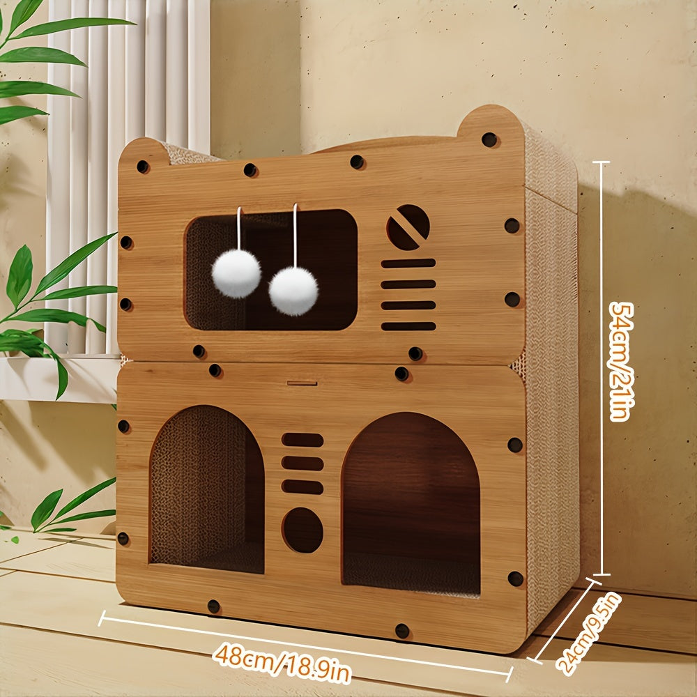 Cat Tree House Condo with Scratching Board & Plush Balls - Multi-Level 21" Indoor Outdoor Cat Condo, Dual Scratch Posts, Ventilation Doors, Cozy Perch for Cats Kittens