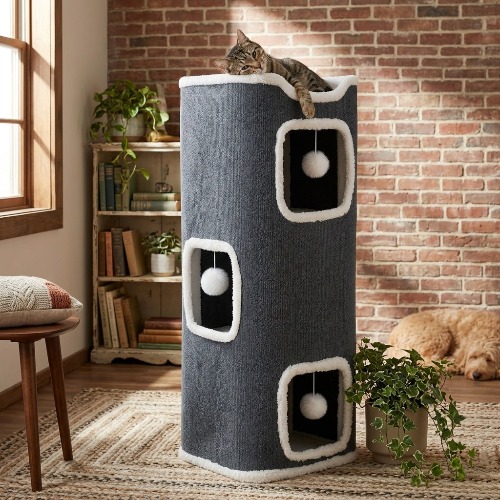 Multi-Level Foldable Cat Tree Tower for Indoor Cats – Cat Condo with Hanging Toy Balls, Cozy Top Bed & Scratch-Resistant Felt, 1/3/4 Tier