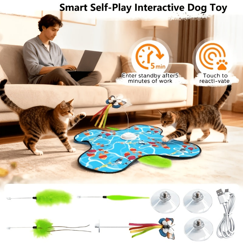 Motion-Activated Interactive Cat Toy 2-in-1 Rechargeable with Flying Butterfly Hidden Feathers & Animal Sounds - 360° Self-Play for Kittens & Cats