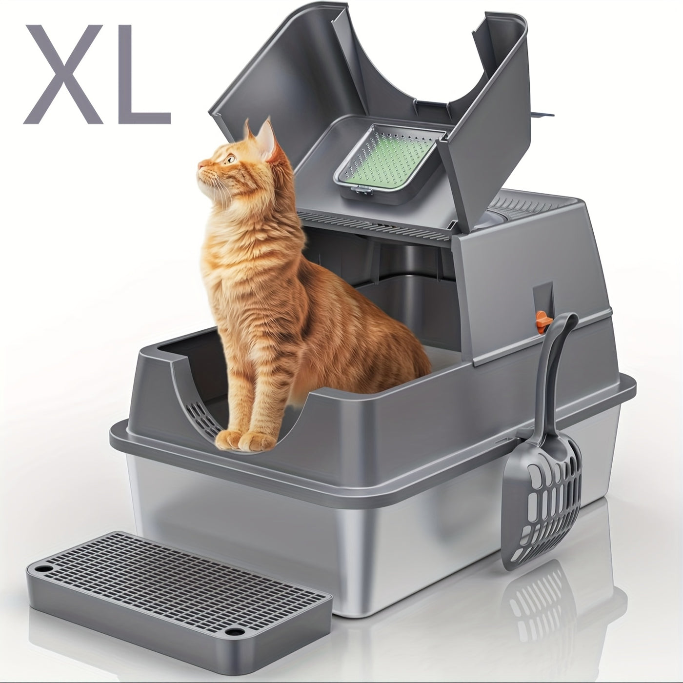 XL Stainless Steel Enclosed Cat Litter Box – 3-in-1 Flip Top Design, High Side Walls Prevent Litter Scatter, Ideal for Large Cats and Multi-Cat Households