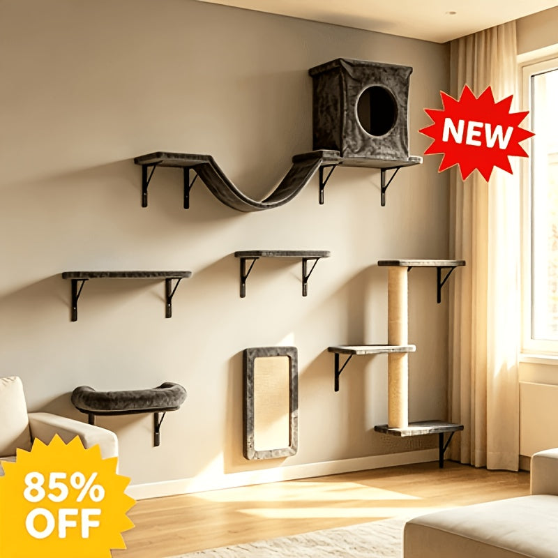 Wall Mounted Cat Climbing Shelf Set – 6 or 7 Piece Cat Wall Furniture with Scratching Post, Bridge, Ladder & Tunnel, Indoor Cat Condo for Cats of All Sizes
