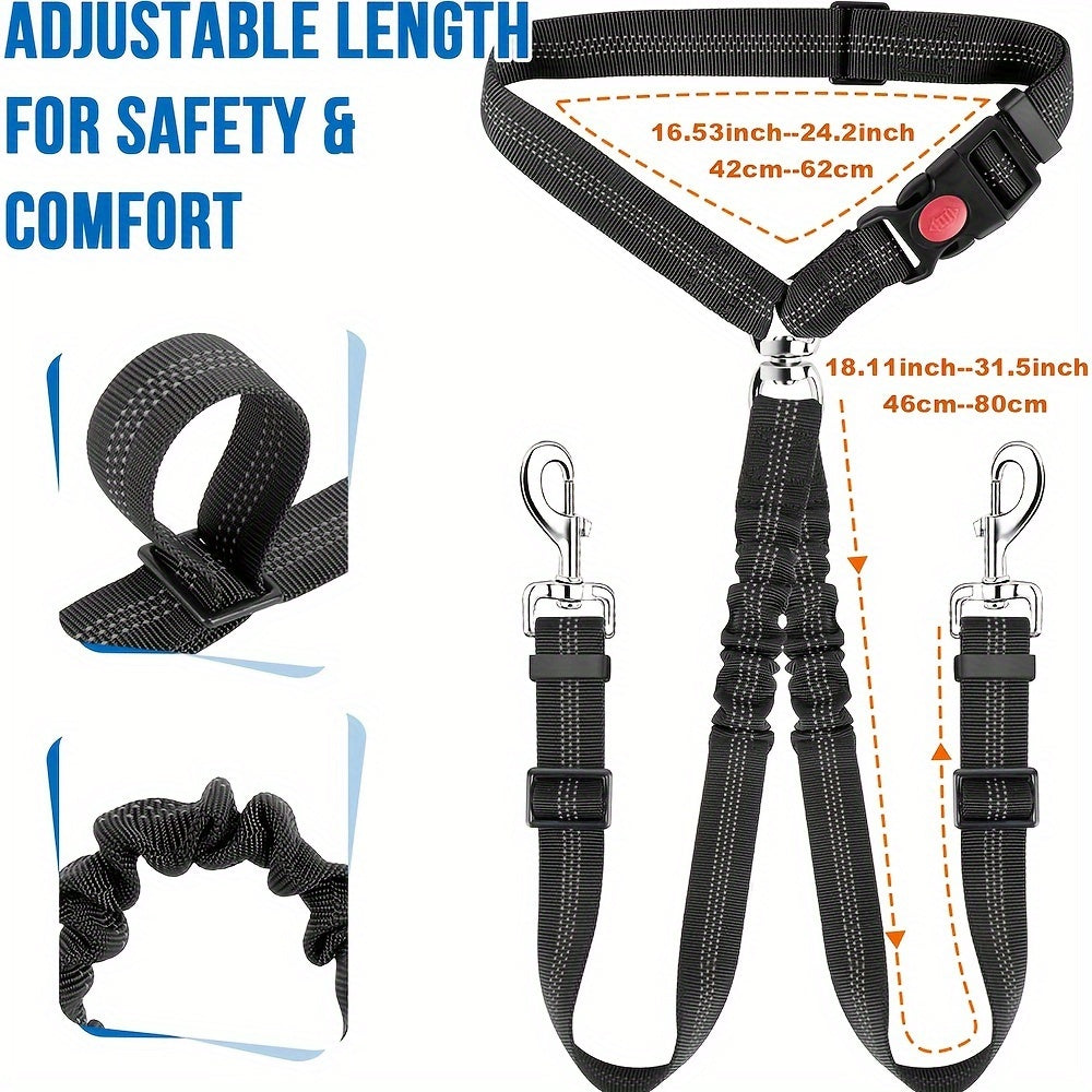 Dual Dog Car Seat Belt for 2 Dogs – No-Tangle Headrest Restraint with Adjustable Bungee, Safe Pet Car Safety Harness for Small Medium Large Dogs, Black Pink Red