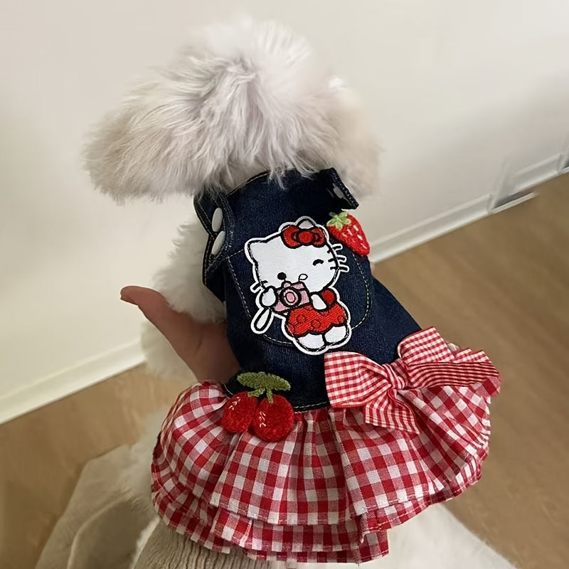 Hello Kitty Pet Dress Red White Plaid Pleated Skirt with 3D Bow & Strawberry – Sanrio Licensed Holiday Party Dress for Small Dogs Cats, XS-XL, Christmas Gift
