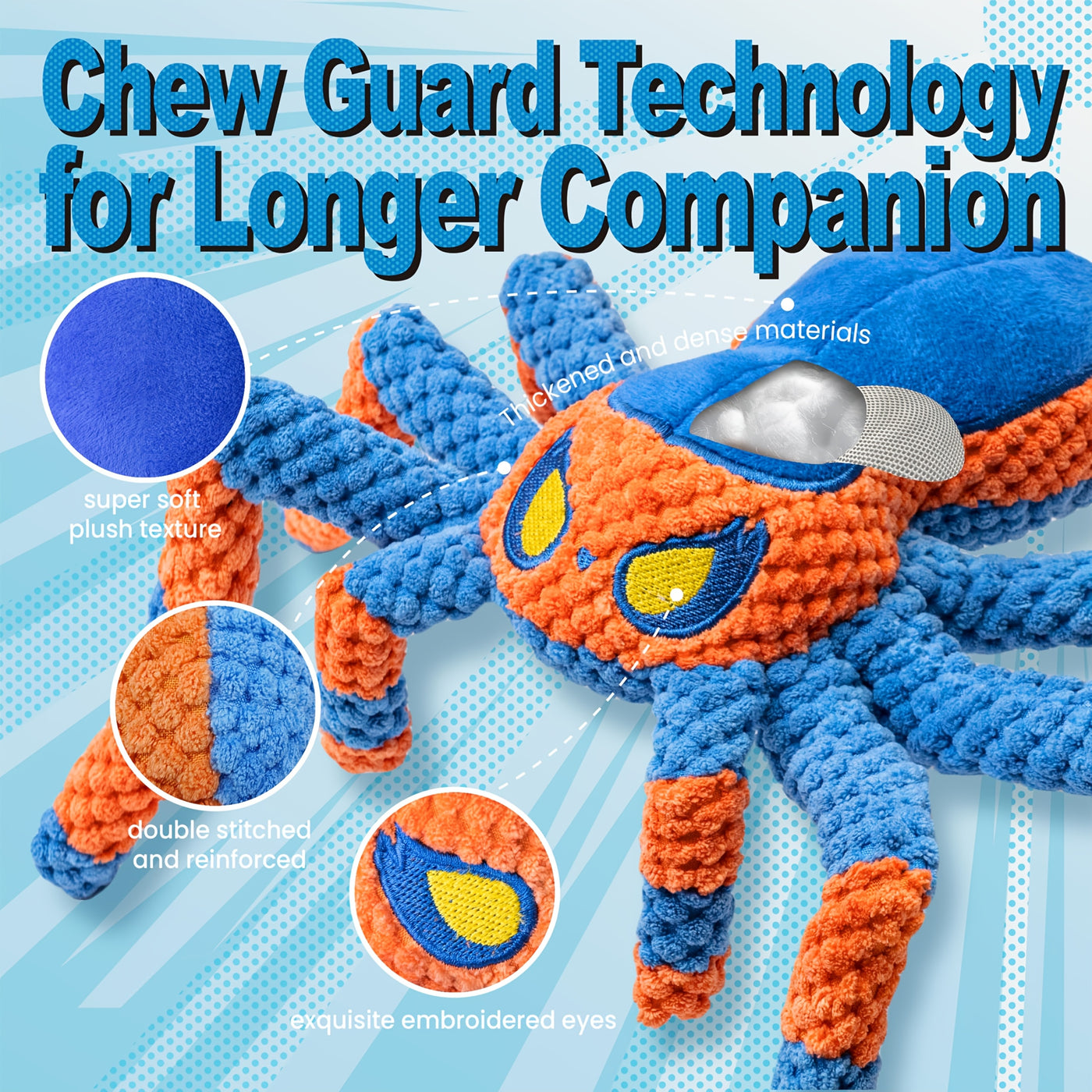 Squeaky Spider Dog Toy – Large Interactive Crinkle Tug of War Toy to Keep Dogs Busy, No Battery Needed, Funny Plush Dog Toy for Puppies & Large Breeds, Red & Blue
