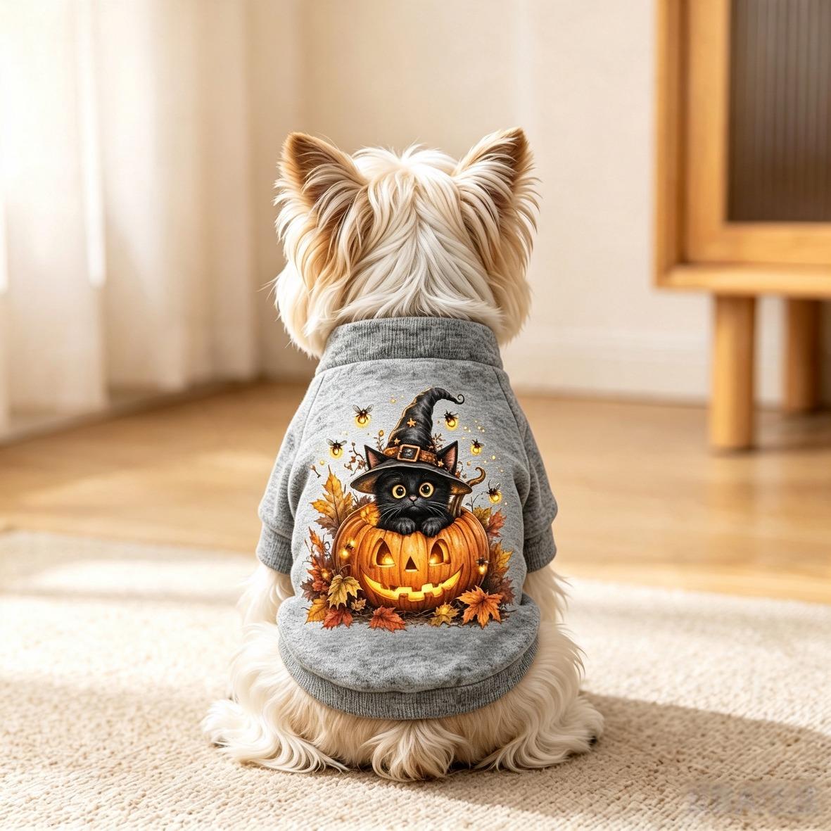 Halloween Dog Sweatshirt – Witch Black Cat Jack-o-Lantern Maple Leaf Graphic Soft Warm Fall Pullover for Small Dogs, Yorkie, Teddy, Pomeranian | White, Grey & Black