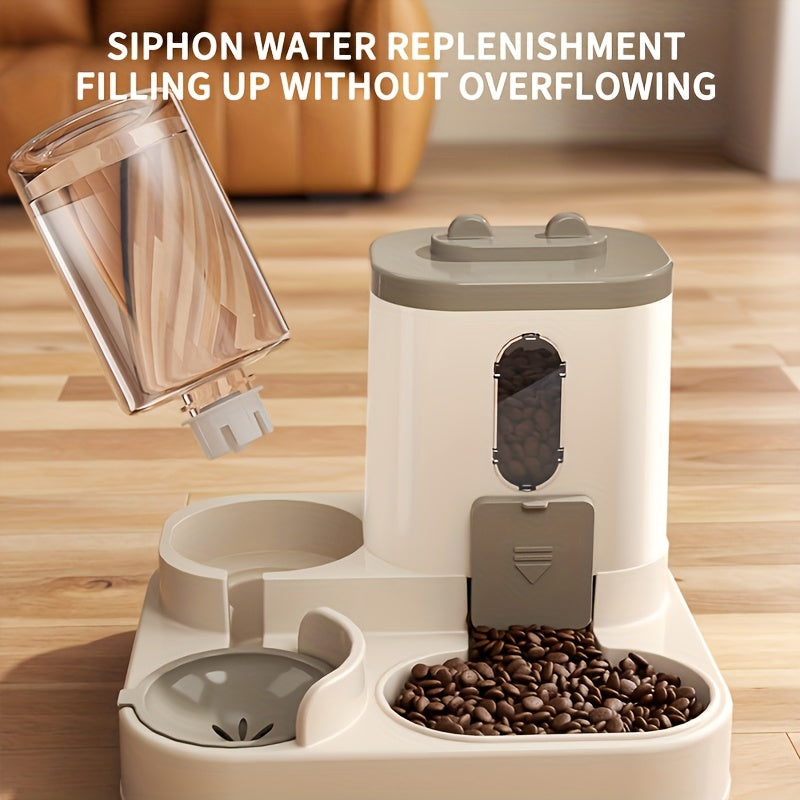 Automatic Cat Feeder Dual Function Food & Water Portion Dispenser - Cute Gravity Feeding Station for Cats Healthy Diet