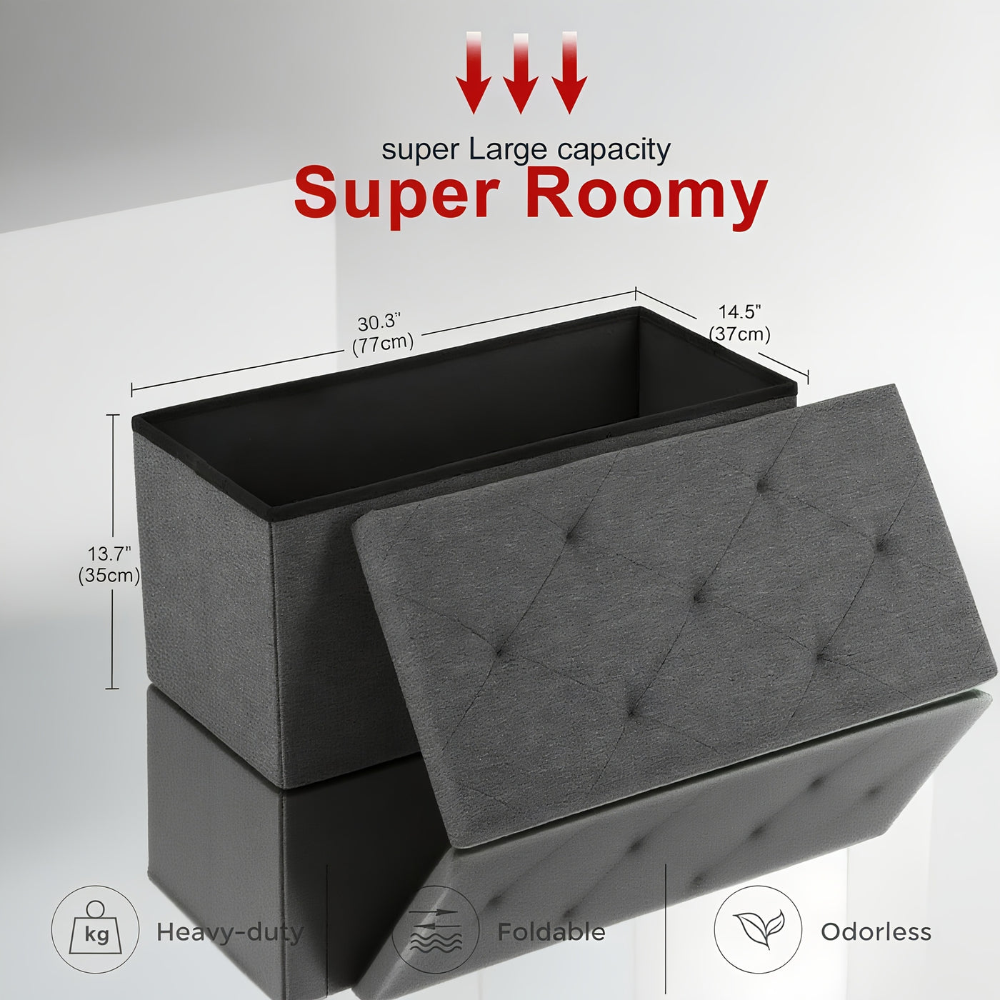 Storage Ottoman Bench Foldable with Padded Seat – End of Bed Bench & Storage Chest for Bedroom & Living Room, 2 Sizes, Grey
