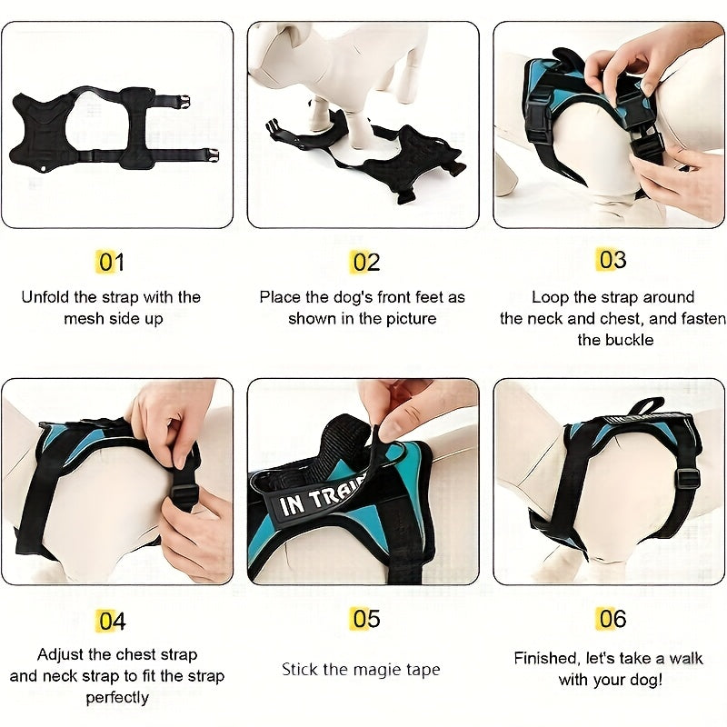 Dog Harness Set 6pcs with 5 Customizable Patches – Reflective Adjustable Mesh Vest Harness with Handle for Small Medium Large Dogs, Sizes XS-XL