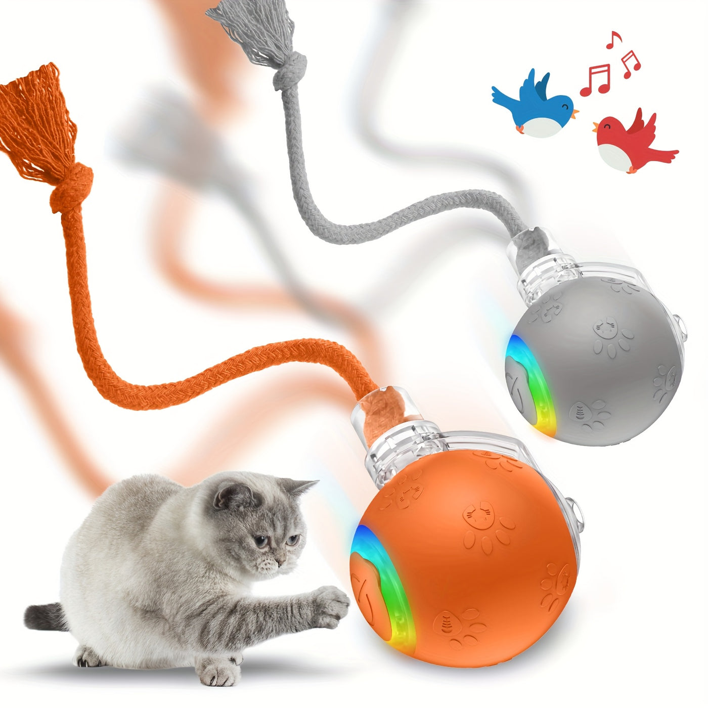 Motion-Activated Smart Cat Toy 2-Pack USB Rechargeable with Bird Sounds Colorful Lights - Interactive Self-Play for Indoor Cats & Kittens