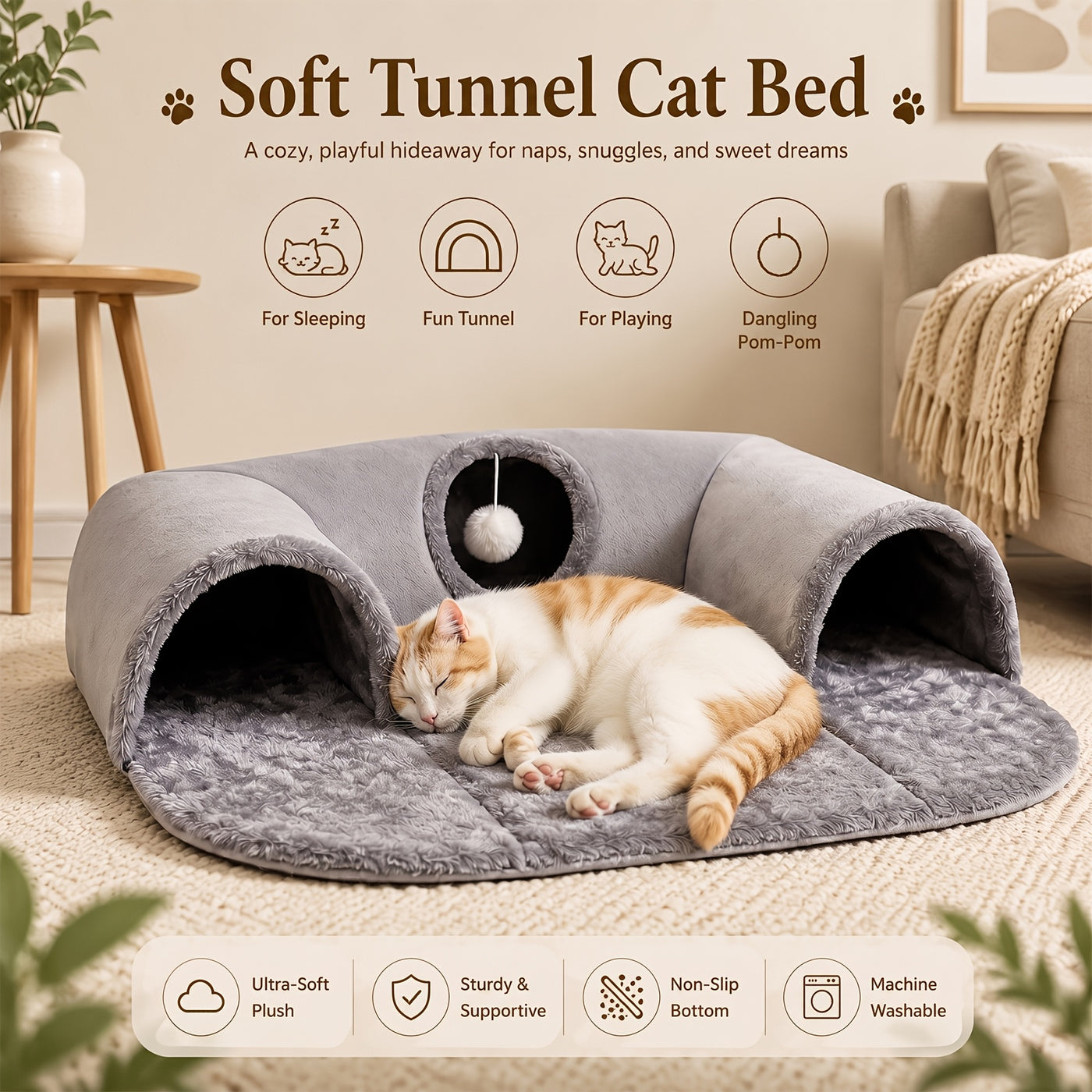 Cat Tunnel Bed with Memory Foam & Glow-in-the-Dark Stars - Detachable Plush Cat Condo, 3D Support, Hanging Ball, Machine Washable Pet Nest for Indoor Cats, 29.5x21.6in