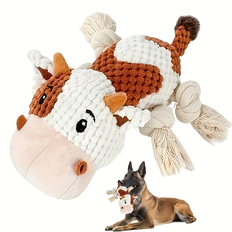 Squeaky Plush Dog Toy Cow – Interactive Tug of War Chew Toy with Crinkle Paper & IQ Training for Small Medium Large Dogs