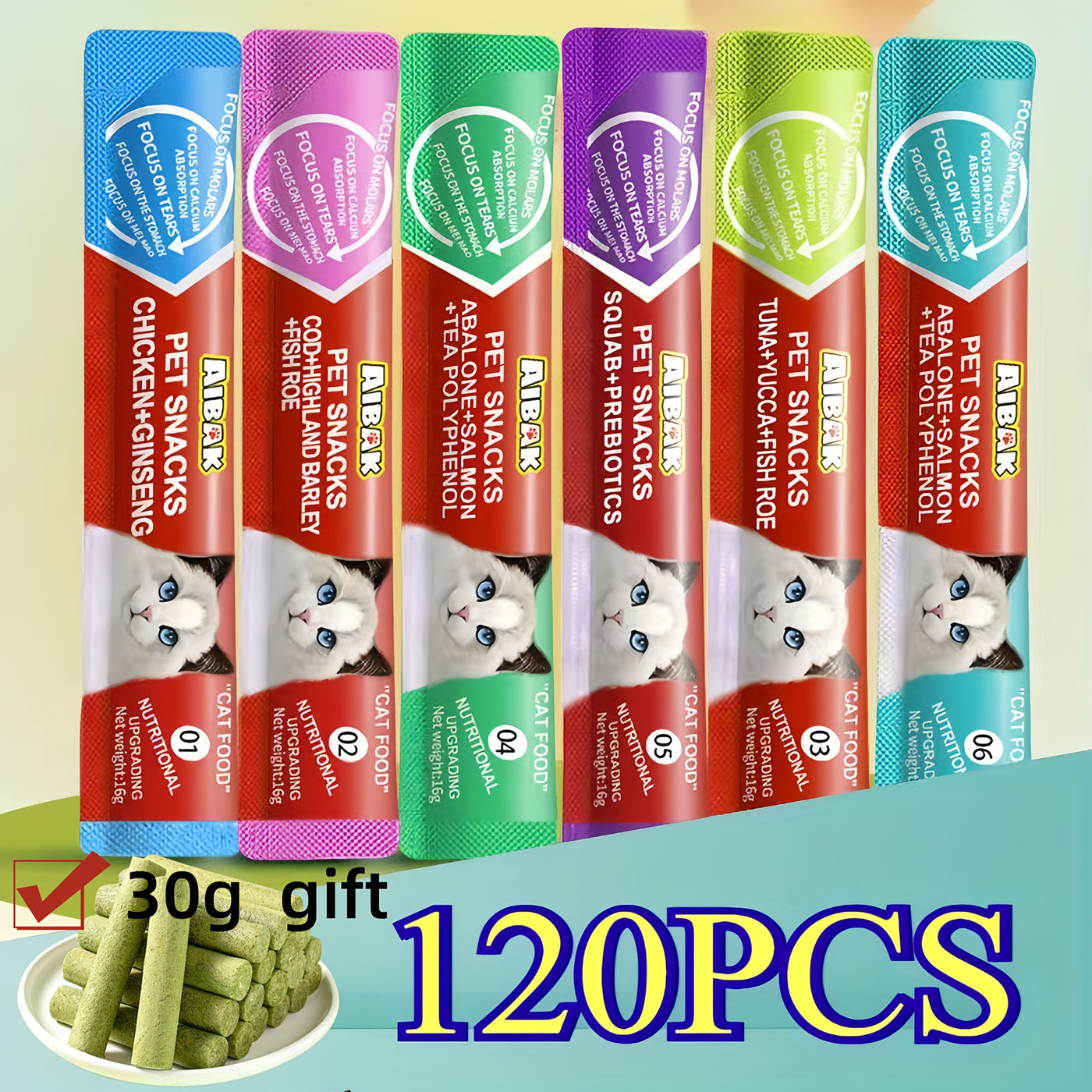 Grain-Free Cat Lickable Cream Snacks with Cat Bar Feeders – 5 Flavors Pigeon, Cod, Goat Milk, Salmon & Tuna Squeeze Tubes, 60pcs or 120pcs, 0.52oz Per Tube
