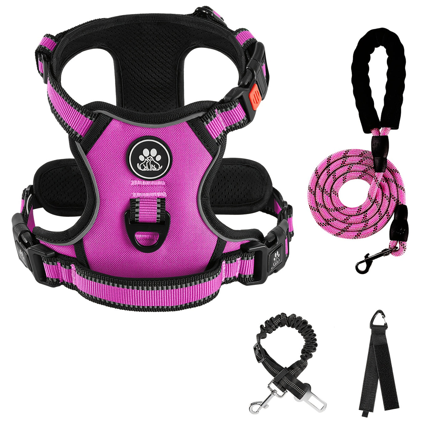Complete Dog Walking Set – No-Pull Harness + Collar + Leash + Retractable Seatbelt + Storage Strap, Fully Reflective Breathable Vest with Handle for Small & Large Dogs, Sizes XS-XL