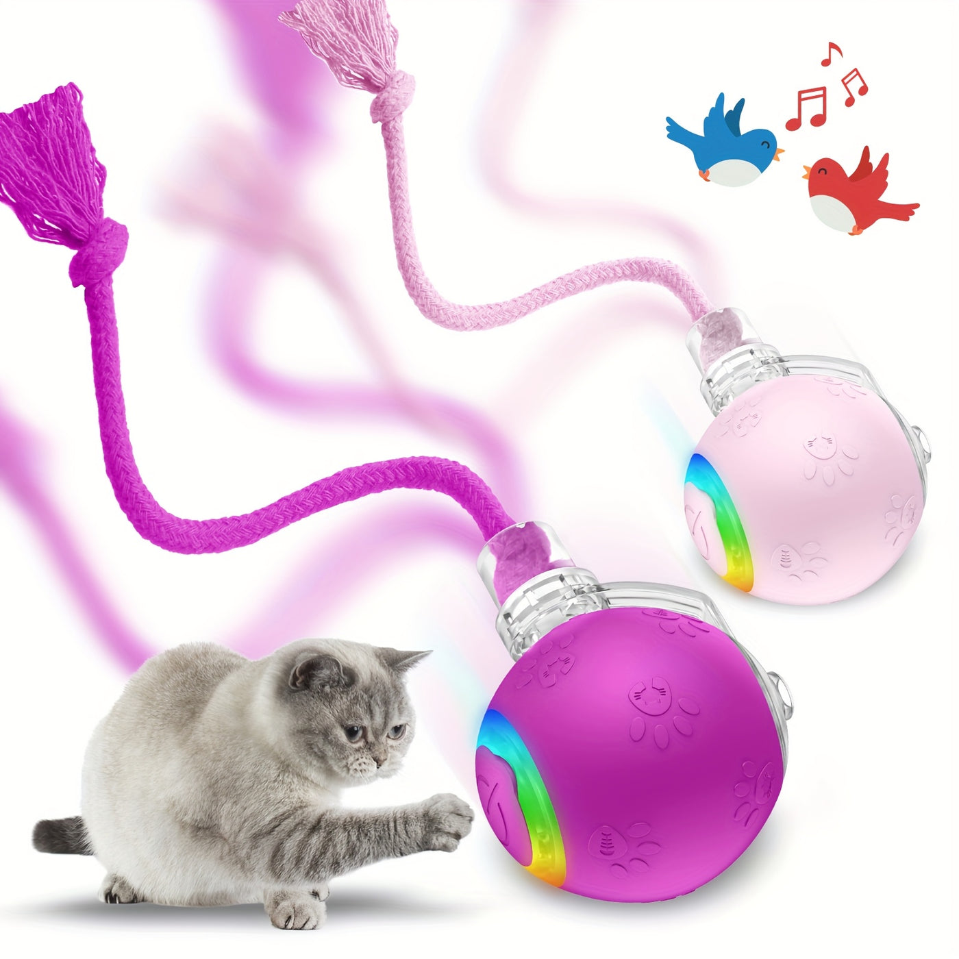 Motion-Activated Smart Cat Toy 2-Pack USB Rechargeable with Bird Sounds Colorful Lights - Interactive Self-Play for Indoor Cats & Kittens