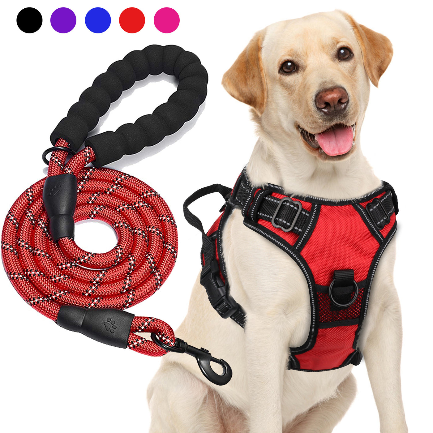 No-Pull Dog Harness & Free 5-Foot Leash Set - Adjustable Reflective Oxford Vest with Foam Handle, Easy Control for Medium Large Dogs S-XL, Black Purple Blue Red Rose Red