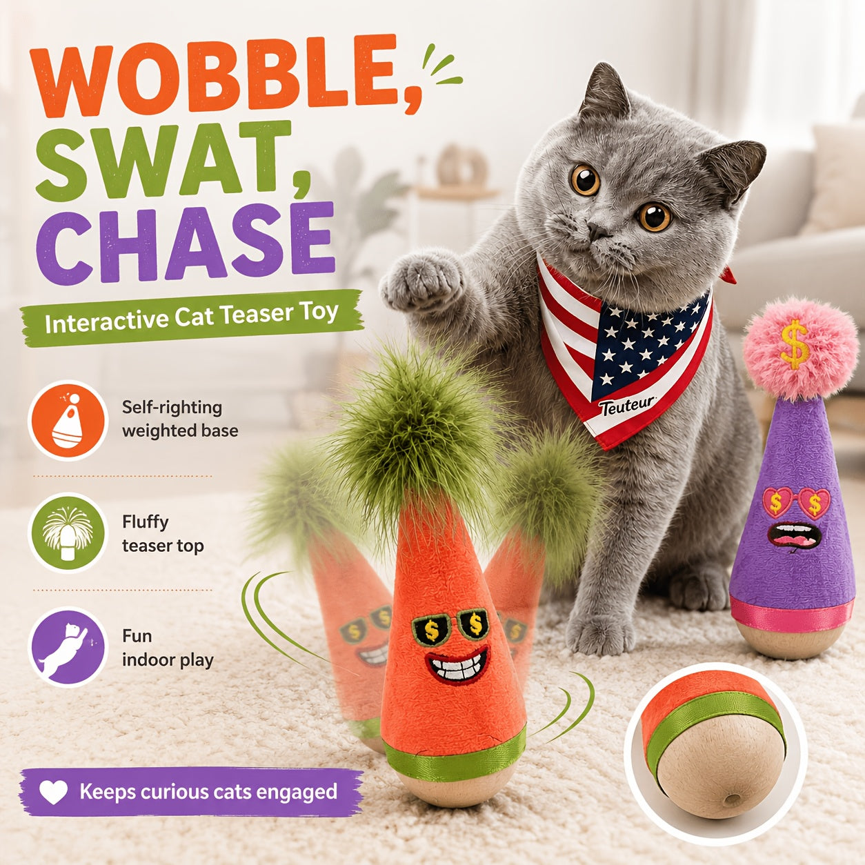 Catnip Wobble Feather Cat Toy with Mint Powder - Interactive Hunting Chase Toy for Kittens & Adult Cats Self-Play Indoor Exercise