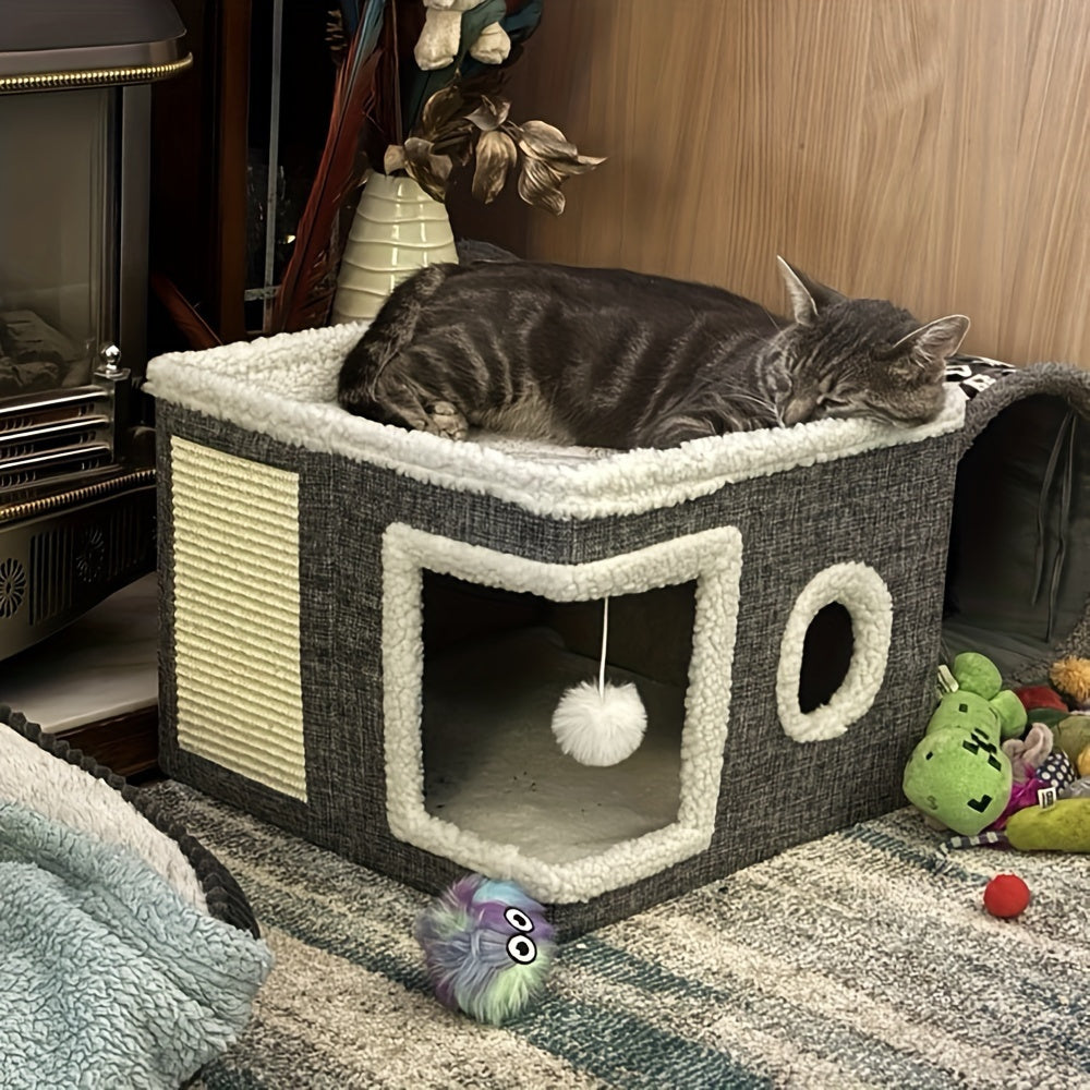 Multi-Layer Foldable Cat House with 2-Tier Bed Tunnel & Scratching Post - Cozy Indoor Cat Cube Enclosure with Plush Mat Hanging Ball Nylon Frame, All-Season Cat Hideaway