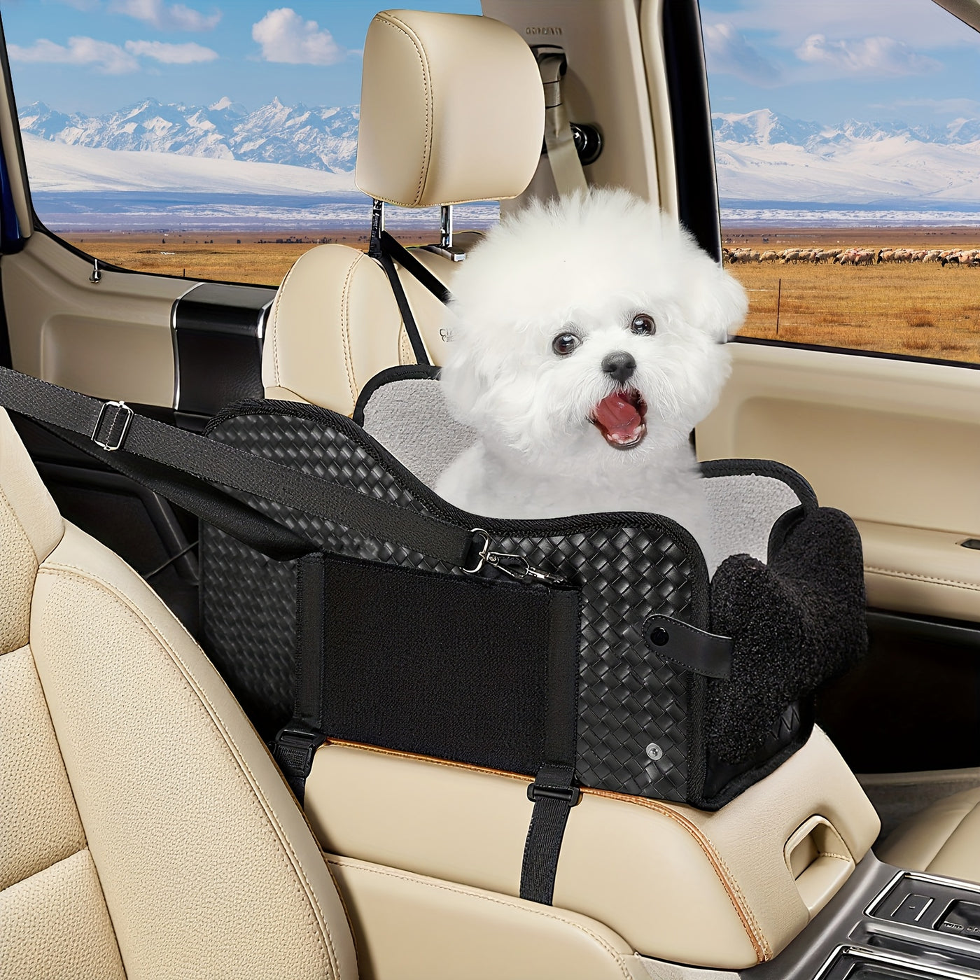 Center Console Dog Car Seat Booster – Portable Cozy Pet Car Seat for Small Dogs & Cats with Breathable Mesh Safety Harness Soft Padding, Universal Armrest Fit