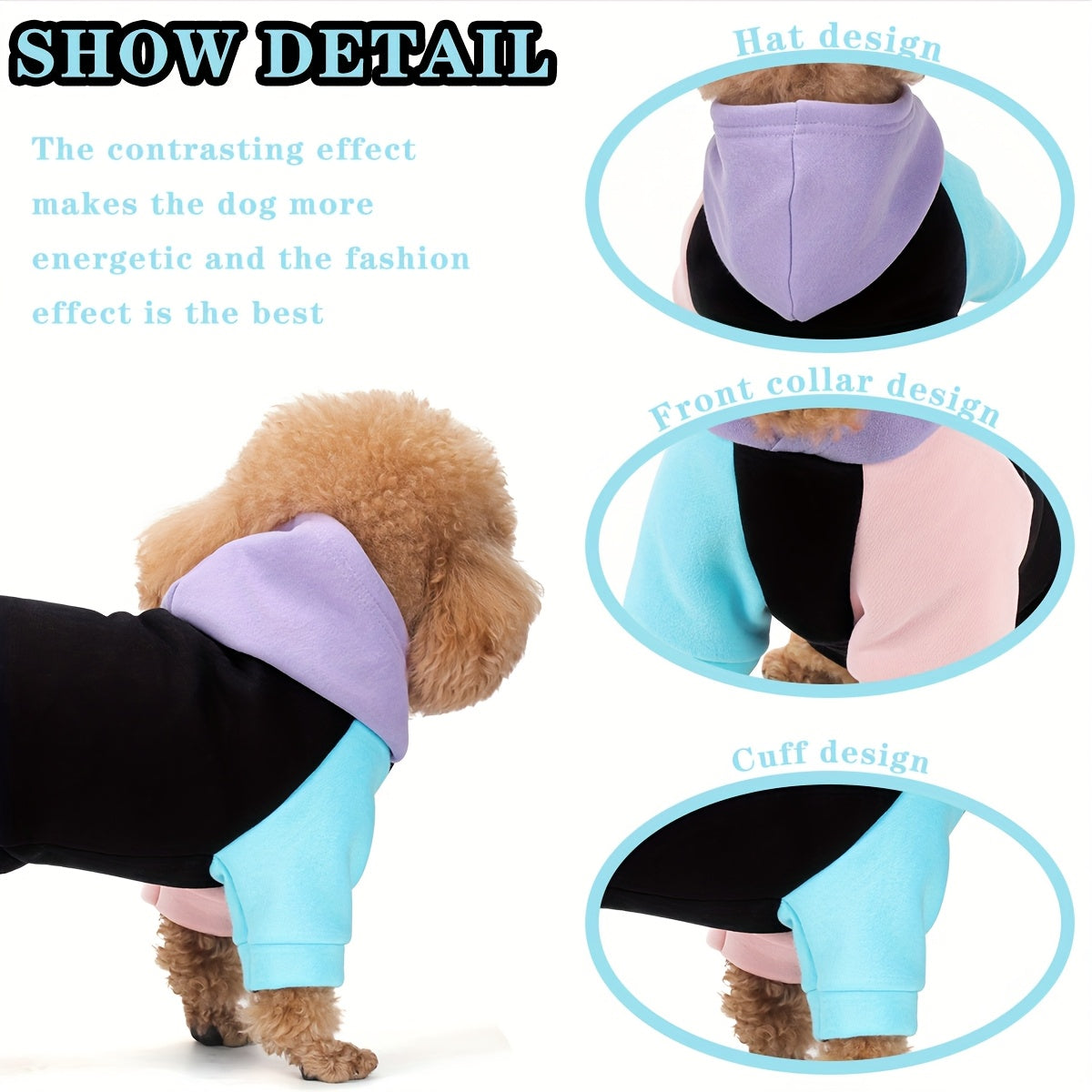Dog Hoodie Cyber Punk Style Color-Block – Buttery Soft Knitted Polyester, Black Purple Peach, Adjustable Drawstring Hood, Ribbed Cuffs, Comfort Fit for All Breeds, Winter Spring Autumn