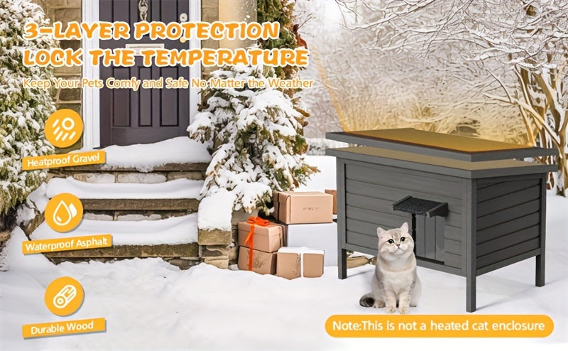 Outdoor Cat House Insulated Waterproof – 6-Side Foam Insulated Solid Wood Feral Cat Shelter with Feeding Station, Fits 2-3 Cats, 34.4"L×21.7"W×27.2"H