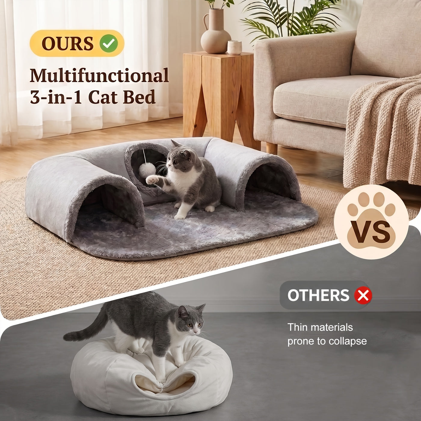 Cat Tunnel Bed with Memory Foam & Glow-in-the-Dark Stars - Detachable Plush Cat Condo, 3D Support, Hanging Ball, Machine Washable Pet Nest for Indoor Cats, 29.5x21.6in