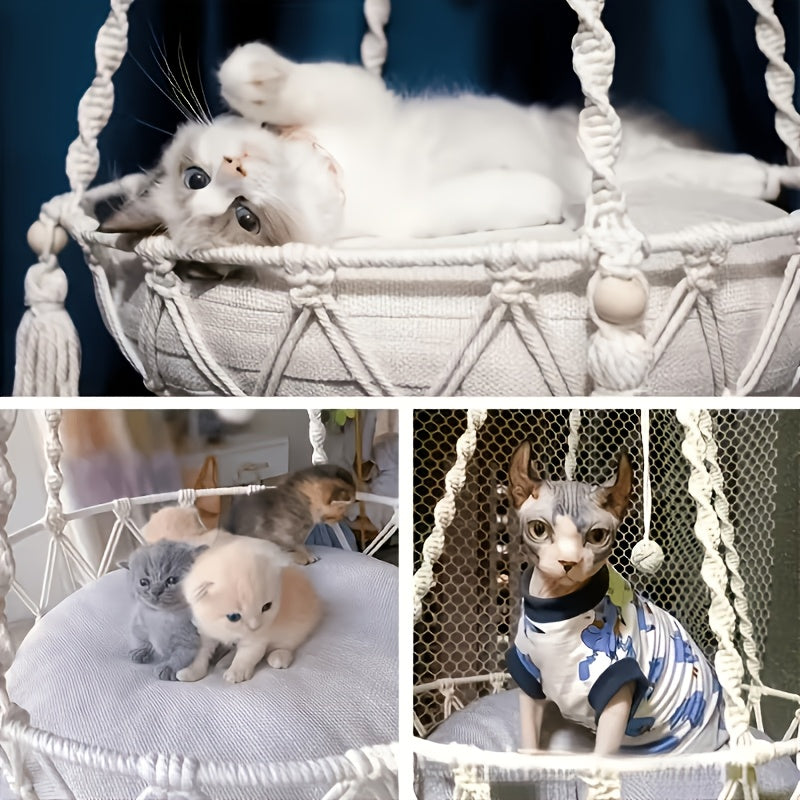 Extra Large Hand-Woven Rope Cat Hammock Swing Bed Indoor Cat Nest Basket for Two Cats - Super Load-Bearing Durable Hanging Cat Bed 15.75in & 11.81in Diameter