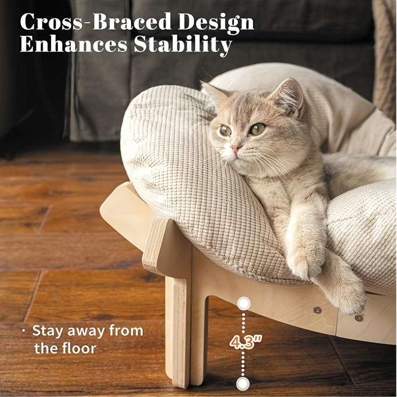 Elevated Wooden Cat Bed with Soft Cushion Raised Pet Lounge Chair Sofa – Modern Solid Wood Cat Hammock for Indoor Cats and Small Dogs with Linen Fish Toy