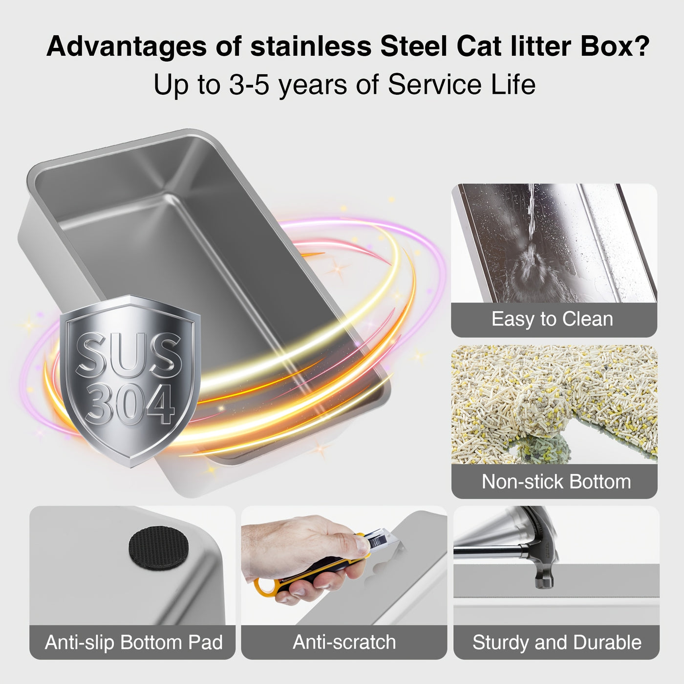 Extra Large Stainless Steel Cat Litter Box with Lid Enclosed Foldable Anti-Splash Indoor Cat Toilet with Front Flap Door Superior Odor Control