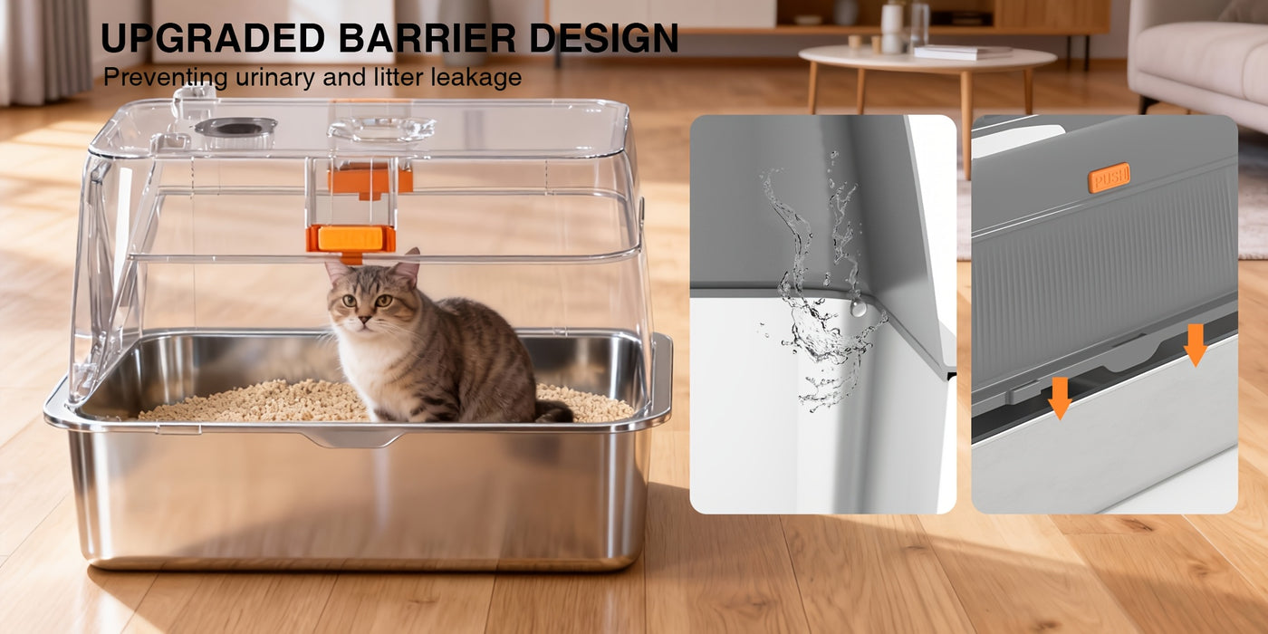 Extra Large Stainless Steel Cat Litter Box with Lid Enclosed Foldable Anti-Splash Indoor Cat Toilet with Front Flap Door Superior Odor Control