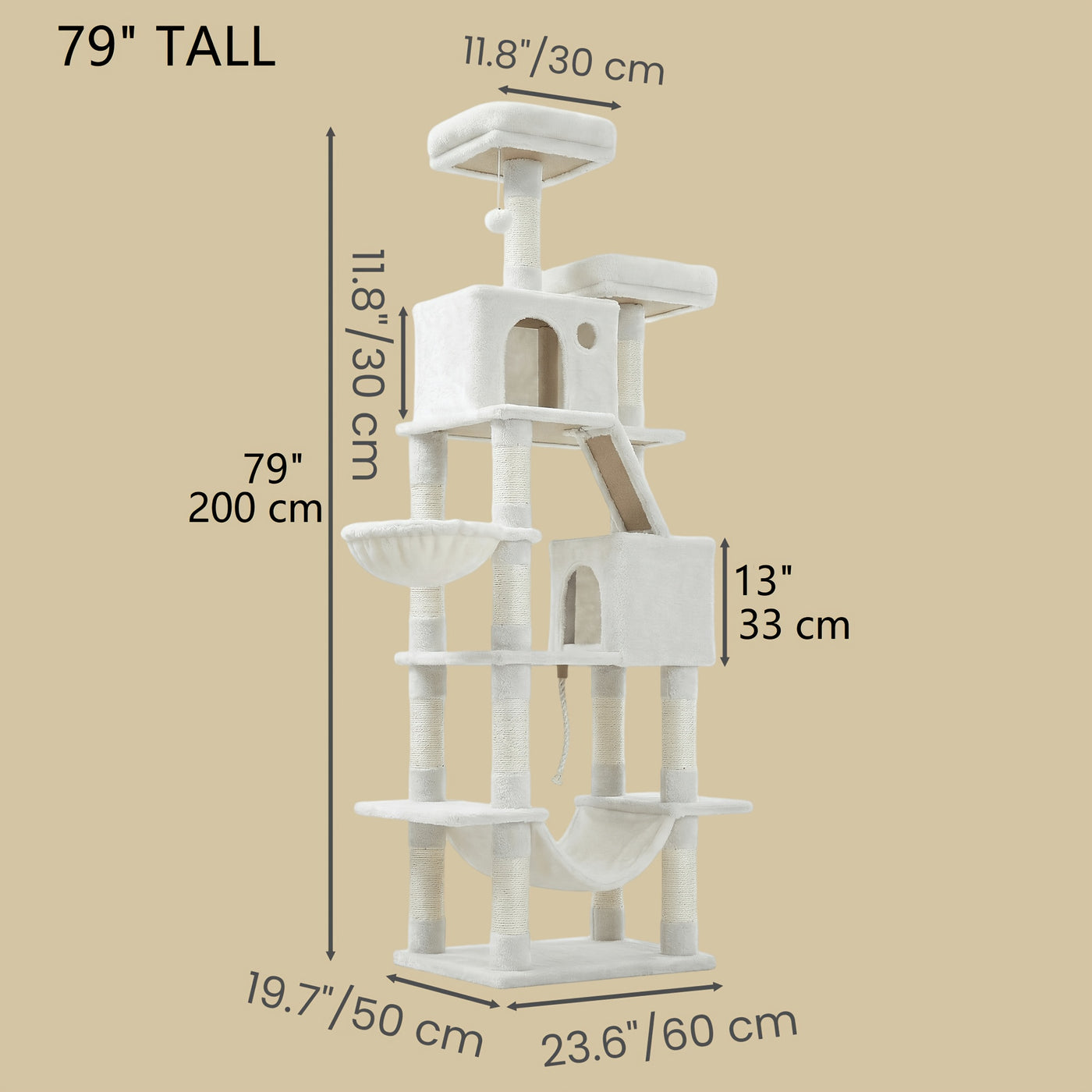 Multi-Level Cat Tree Tower with Cave & Plush Hammock - 44/66/79in Tall Cat Condo, 4 Sisal Scratching Posts, 2 Perches, Anti-Tilt, Pompom Toys for Multi-Cat Families, 5 Colors