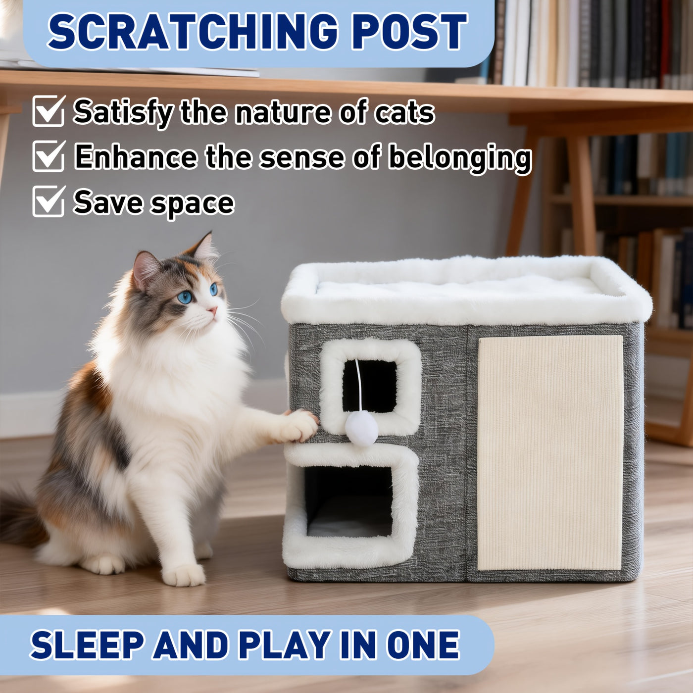 Indoor Cat House Condo 3-in-1 – Cat Bed Sleep Play & Scratch Box, Luxury Wooden Cube Ottoman Cat Cave Hideaway for Large Cats, Multi-Cat Friendly, Light Gray (Regular & Large)