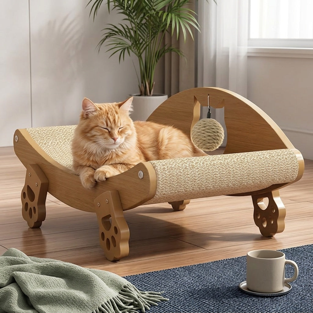 Sisal Cat Scratcher Lounge Chair with Hanging Ball Toy – Solid Wood Curved Cat Bed & Scratching Pad, Furniture Protector for Indoor Cats