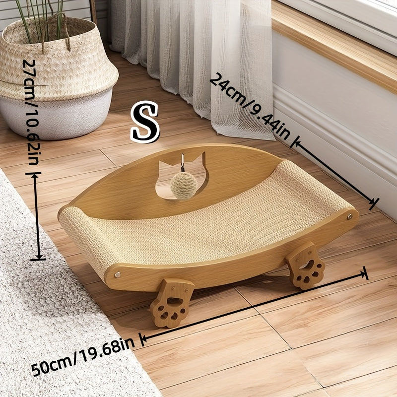 Sisal Cat Scratcher Lounge Chair with Hanging Ball Toy – Solid Wood Curved Cat Bed & Scratching Pad, Furniture Protector for Indoor Cats