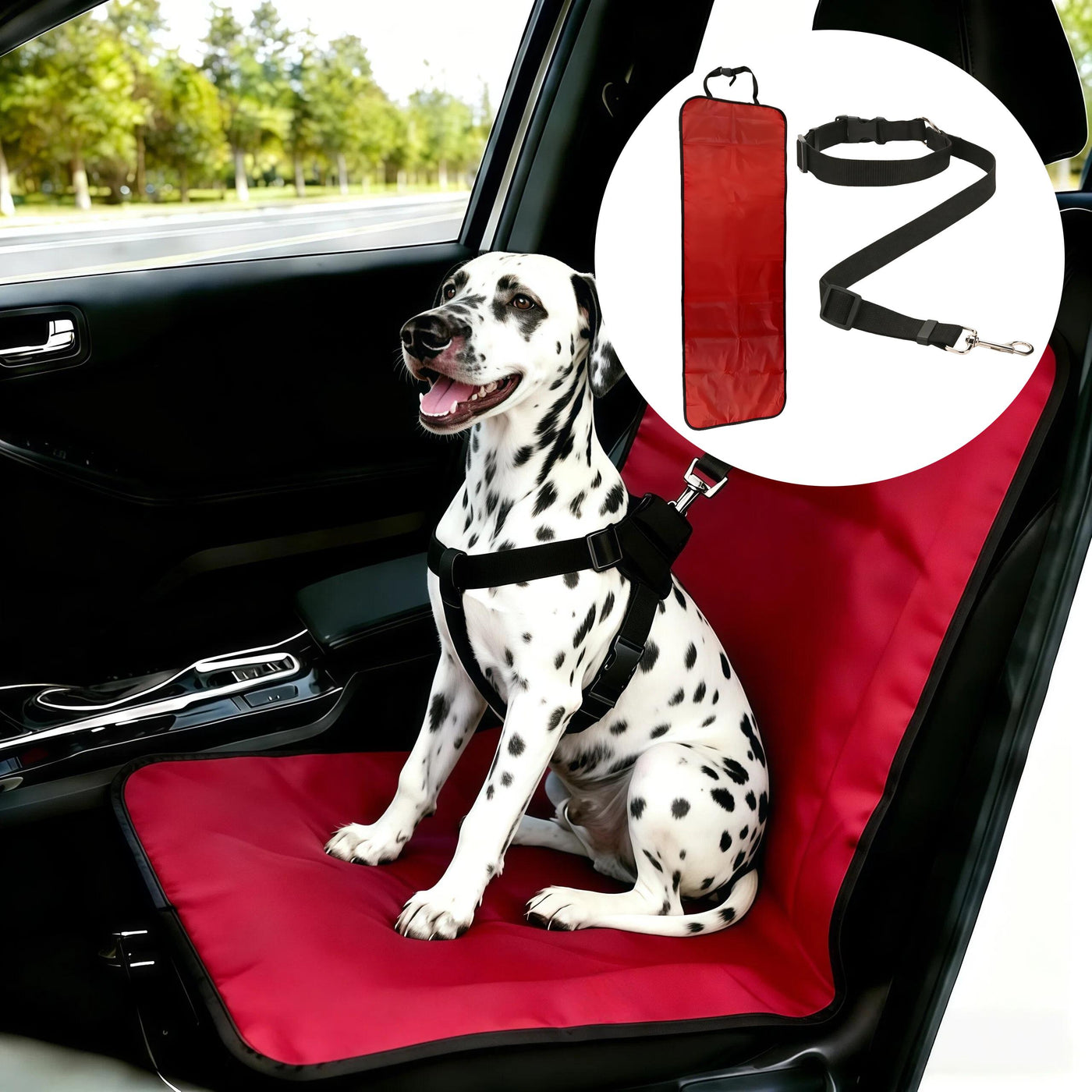 Dog Car Seatbelt Tether & Anti-Scratch Mat Set 2PCS – Adjustable Pet Travel Restraint with Seat Cover for SUVs & Sedans, All Vehicle Models